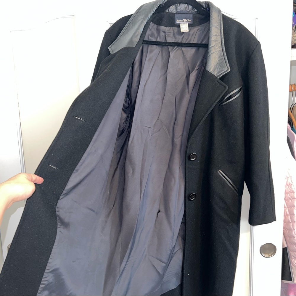 Vintage Hunter’s Run Pure New Wool And Leather Trim Black Long Coat - Picture 5 of 14